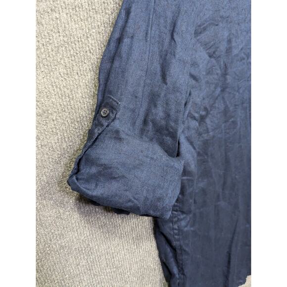 Gap Linen Shirt Womens Large Popover Roll Tab Sleeve Natural Navy Collared - Picture 2 of 10
